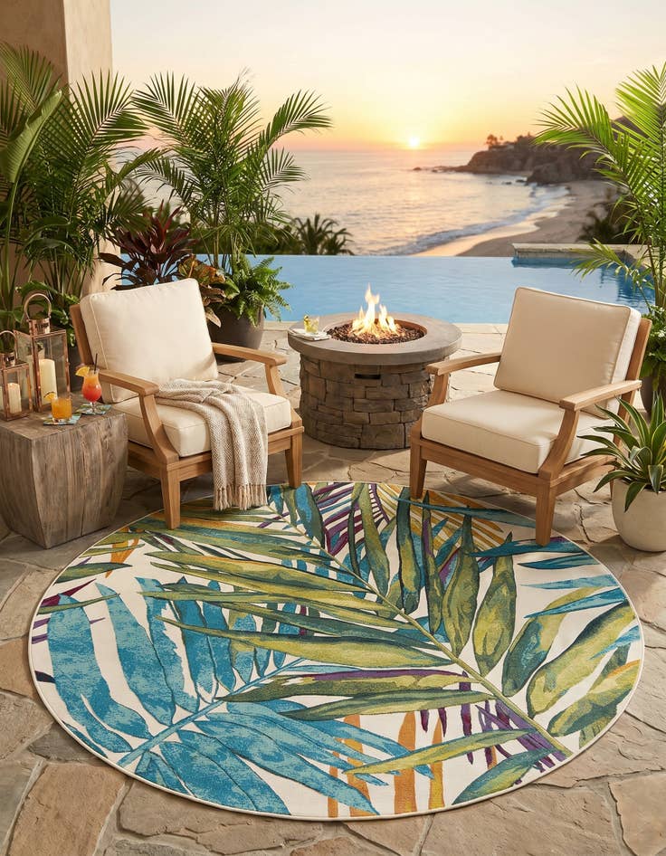 Detail image of 7' 10 x 7' 10 Easy-Clean Botanical Indoor / Outdoor Round Rug