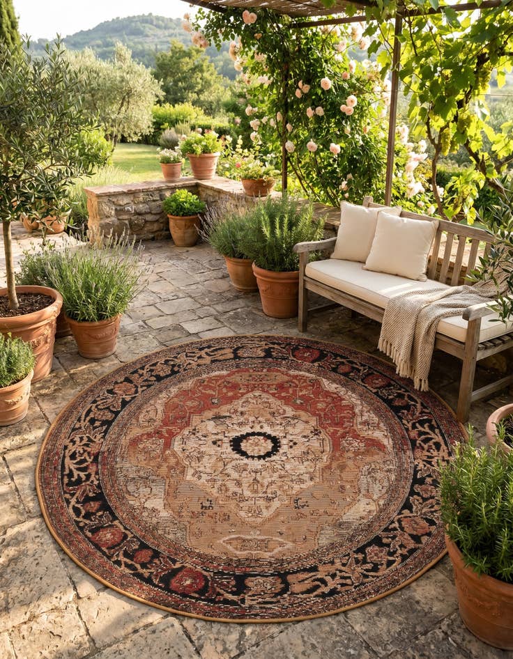 Detail image of 4' x 4' Easy-Clean Traditional Indoor / Outdoor Round Rug