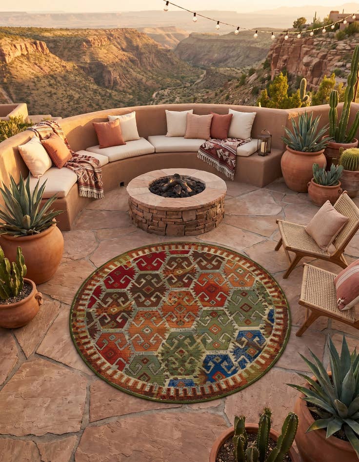 Detail image of 4' x 4' Easy-Clean Southwestern Indoor / Outdoor Round Rug