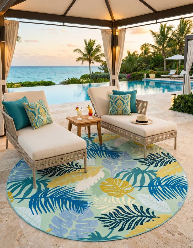 Detail image of 7' 10 x 7' 10 Easy-Clean Botanical Indoor / Outdoor Round Rug