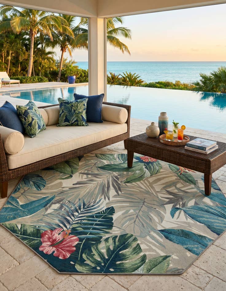 Detail image of 7' x 7' Easy-Clean Botanical Indoor / Outdoor Octagon Rug