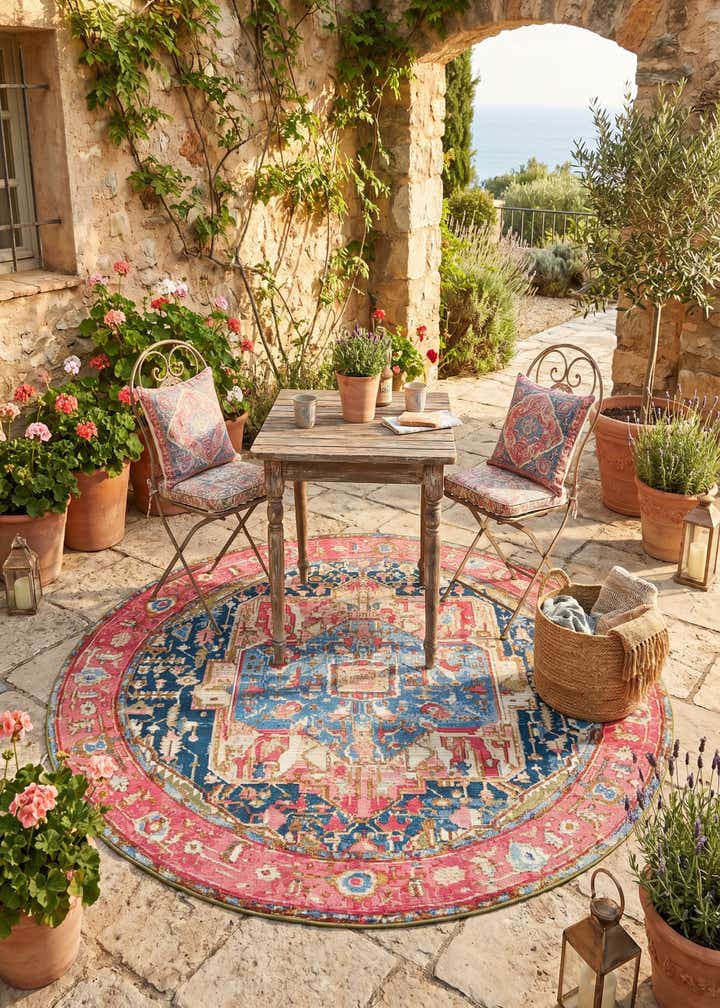 7' x 7' Easy-Clean Traditional Indoor / Outdoor Round Rug