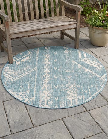 Light Aqua Easy-Clean Bohemian Indoor / Outdoor Round Rug