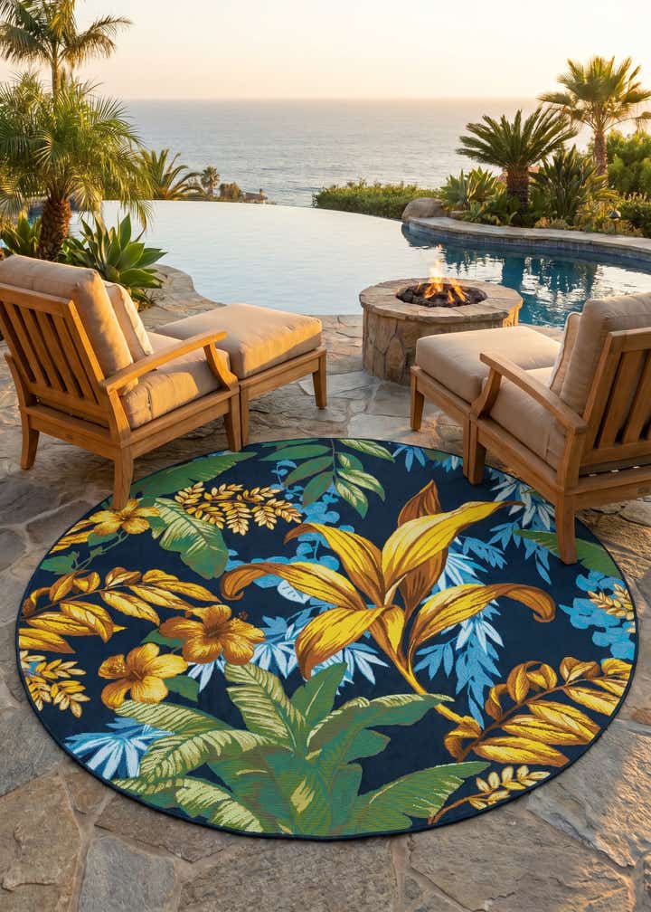 7' x 7' Easy-Clean Botanical Indoor / Outdoor Round Rug
