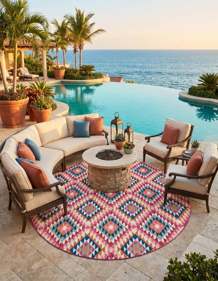 Detail image of 7' 10 x 7' 10 Easy-Clean Southwestern Indoor / Outdoor Round Rug