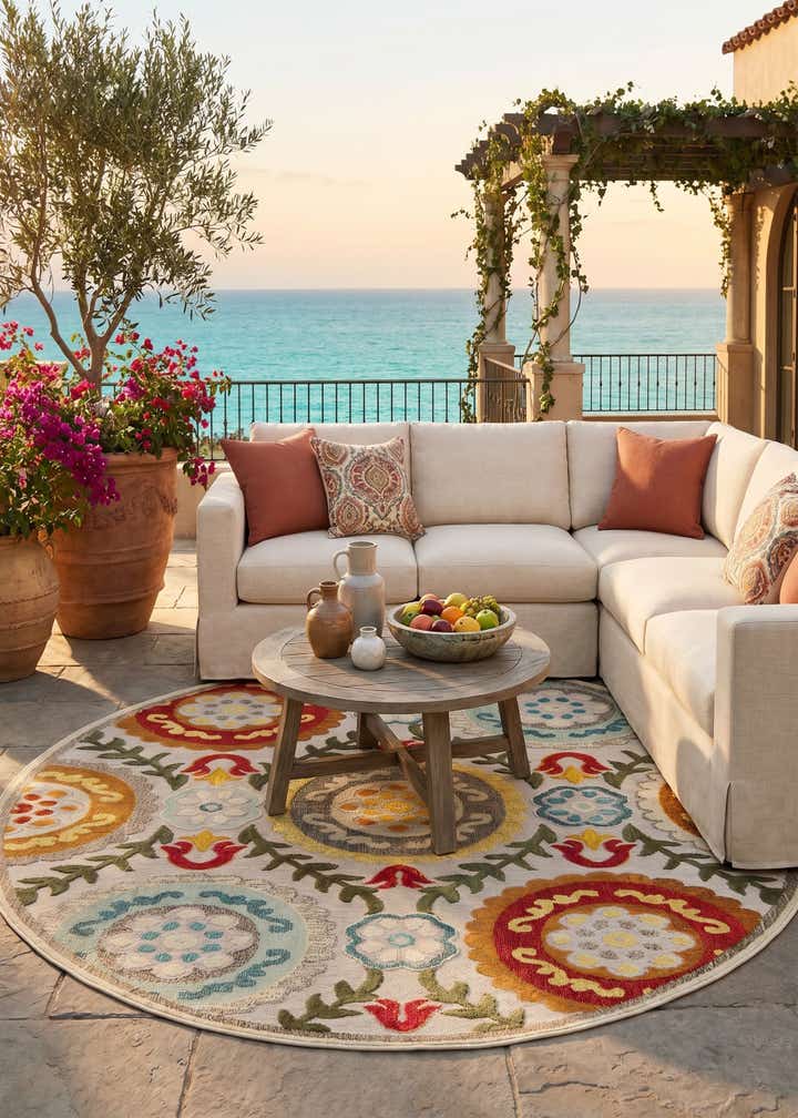 7' 10 x 7' 10 Easy-Clean Casablanca Indoor / Outdoor Round Rug