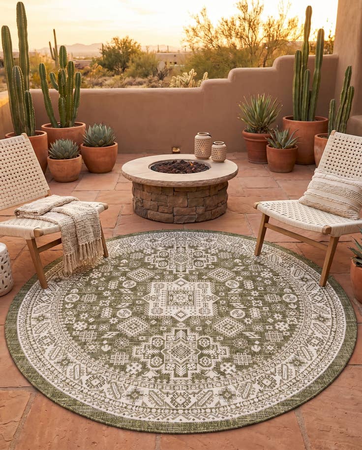 Detail image of 7' 10 x 7' 10 Easy-Clean Aztec Indoor / Outdoor Round Rug