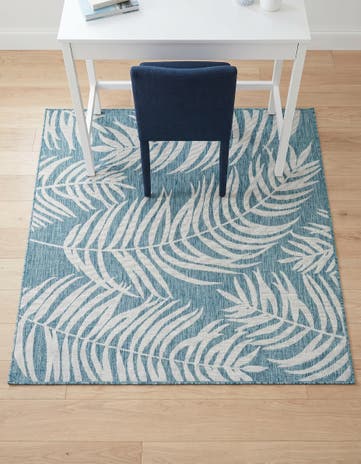Light Aqua Easy-Clean Botanical Indoor / Outdoor Square Rug