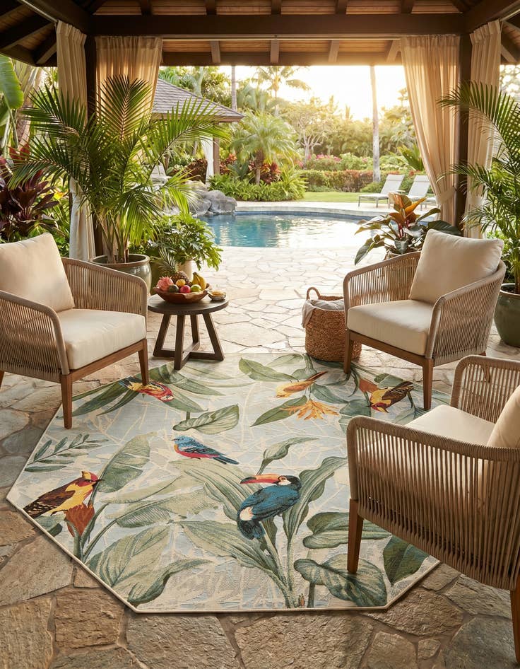Detail image of 7' x 7' Easy-Clean Botanical Indoor / Outdoor Octagon Rug