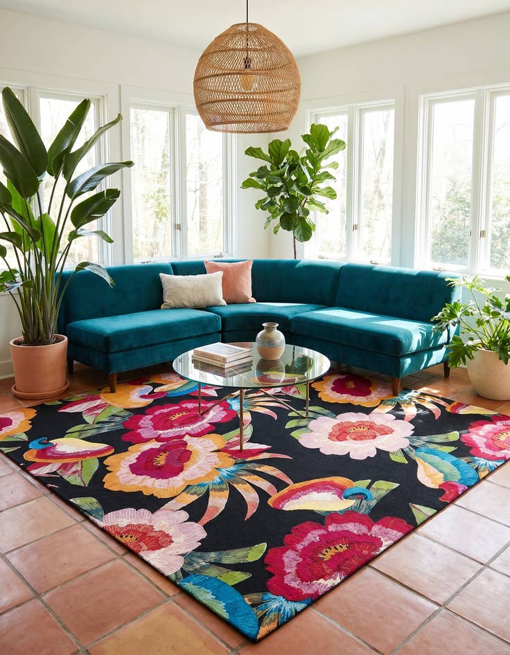 Detail image of 10' x 10' Easy-Clean Botanical Indoor / Outdoor Square Rug