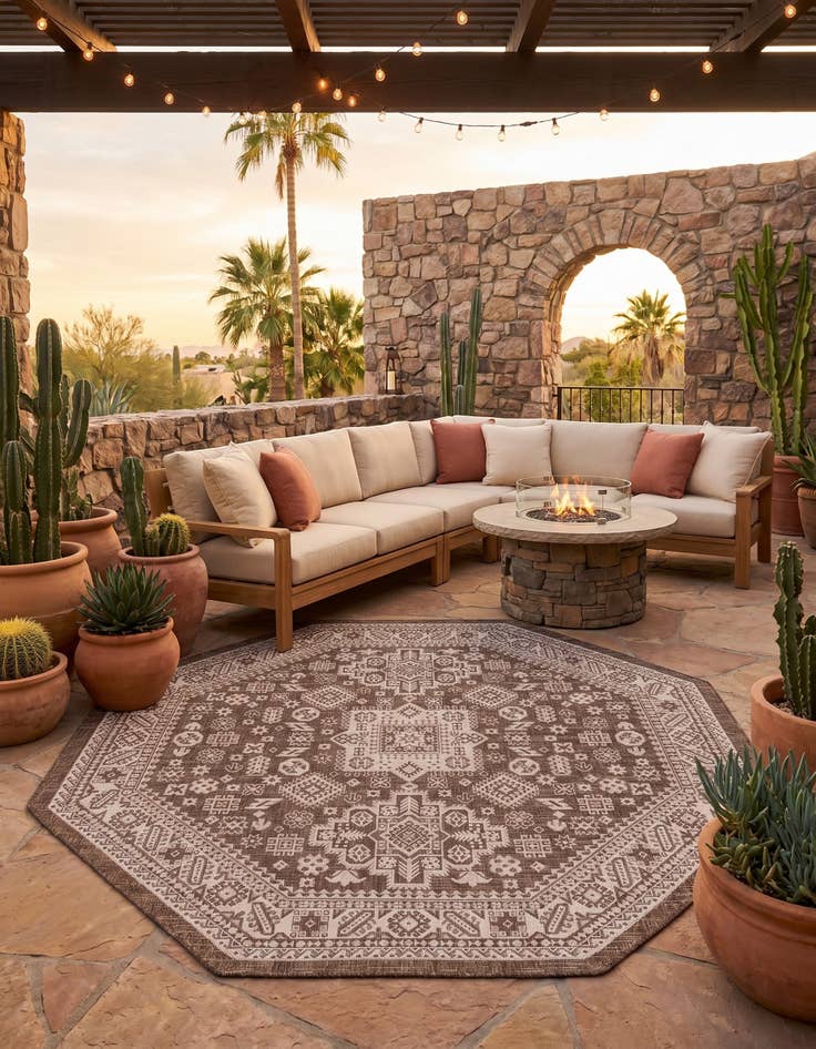 Detail image of 7' 10 x 7' 10 Easy-Clean Aztec Indoor / Outdoor Octagon Rug