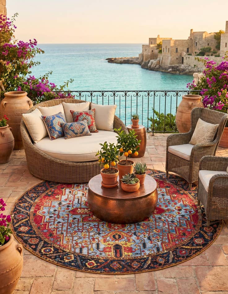 Detail image of 7' 10 x 7' 10 Easy-Clean Traditional Indoor / Outdoor Round Rug
