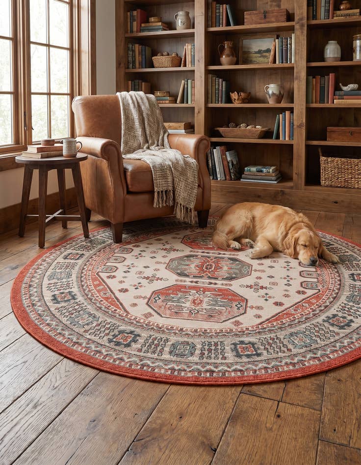 Detail image of 6' x 6' Easy-Clean Traditional Indoor / Outdoor Round Rug