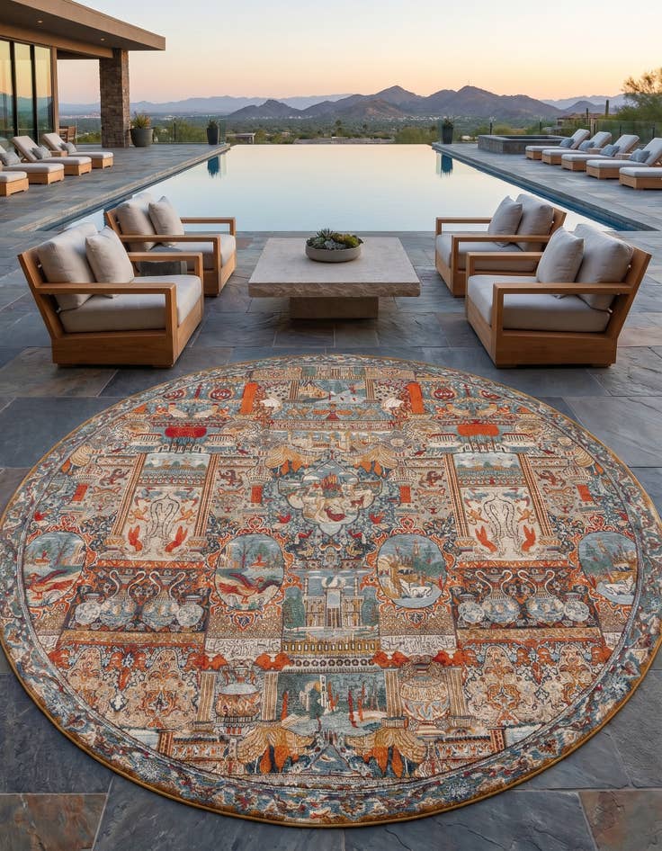 Detail image of 10' x 10' Easy-Clean Traditional Indoor / Outdoor Round Rug