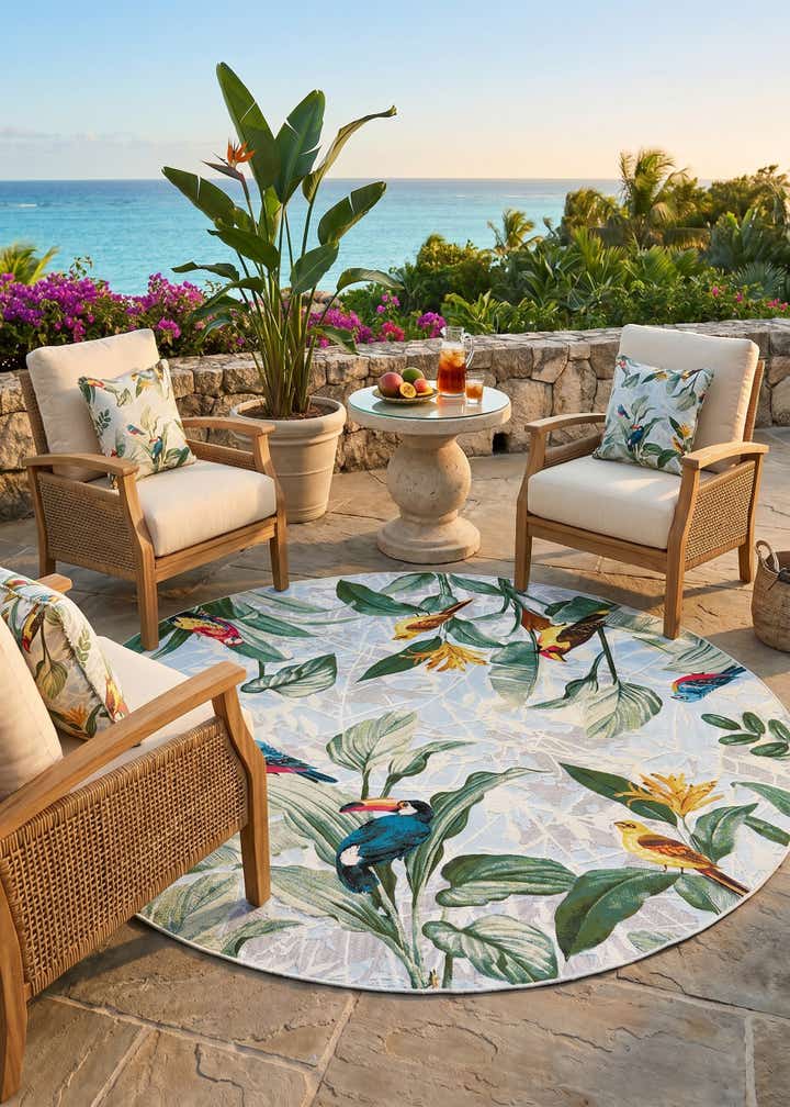 7' 10 x 7' 10 Easy-Clean Botanical Indoor / Outdoor Round Rug