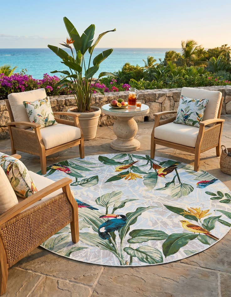 Detail image of 7' 10 x 7' 10 Easy-Clean Botanical Indoor / Outdoor Round Rug