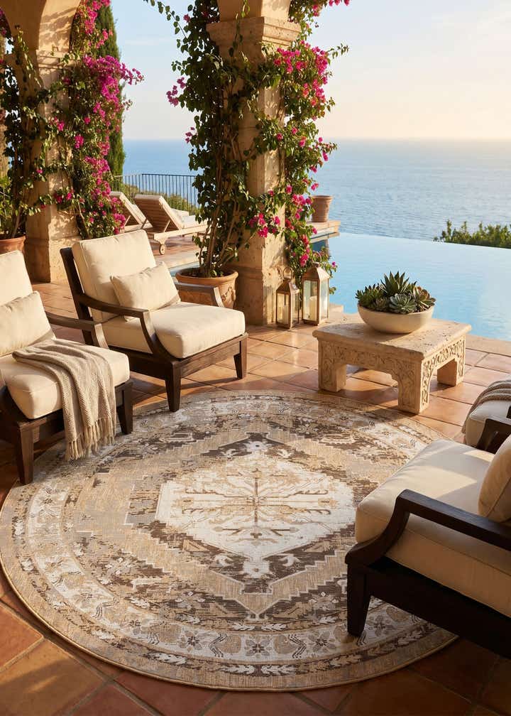 10' x 10' Easy-Clean Traditional Indoor / Outdoor Round Rug