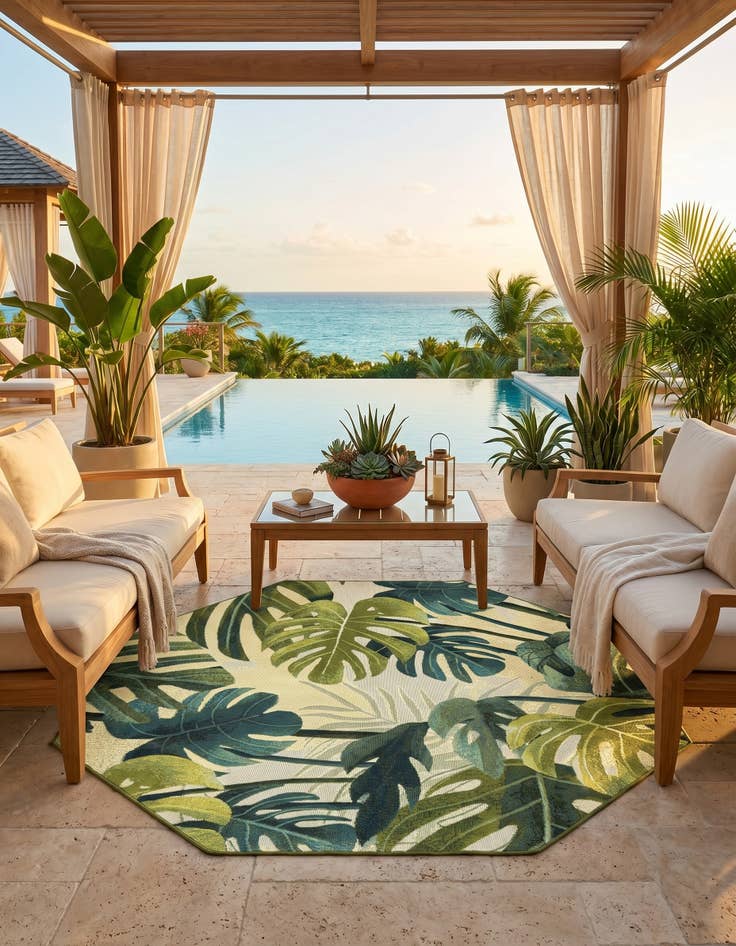 Detail image of 5' 3 x 5' 3 Easy-Clean Botanical Indoor / Outdoor Octagon Rug