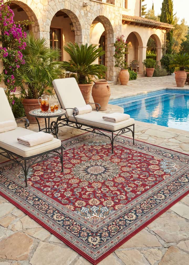 7' 10 x 7' 10 Easy-Clean Traditional Indoor / Outdoor Square Rug