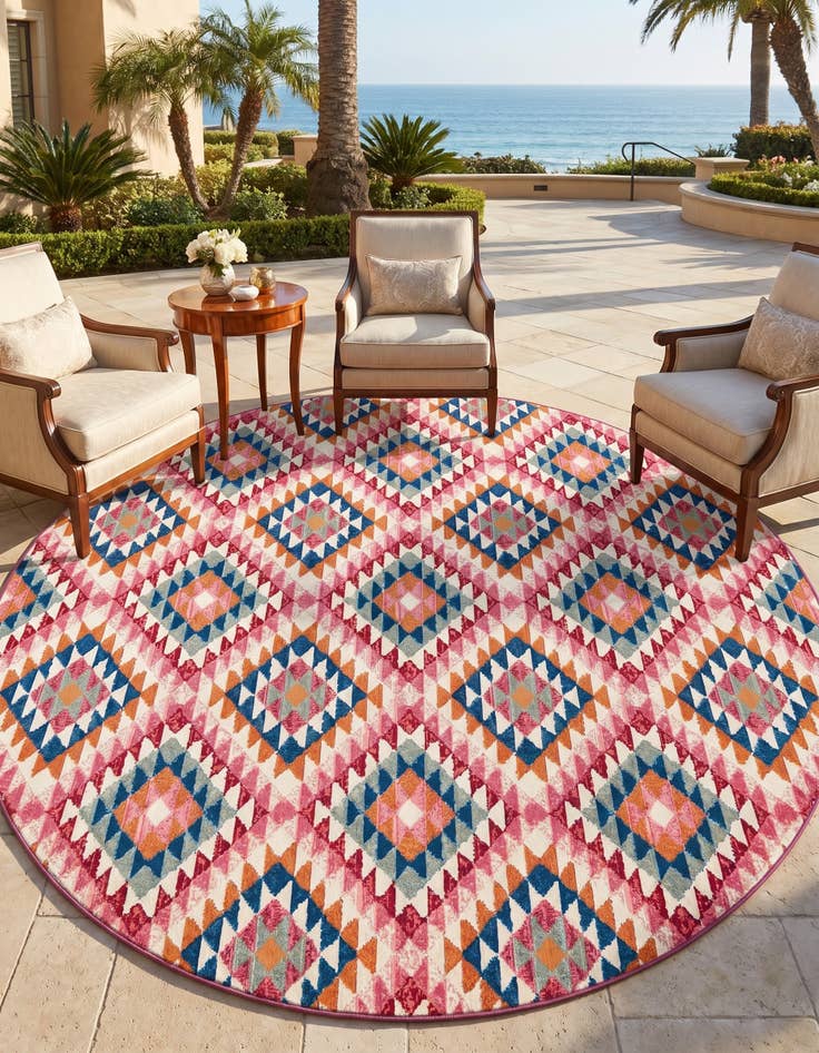 Detail image of 7' 10 x 7' 10 Easy-Clean Southwestern Indoor / Outdoor Round Rug