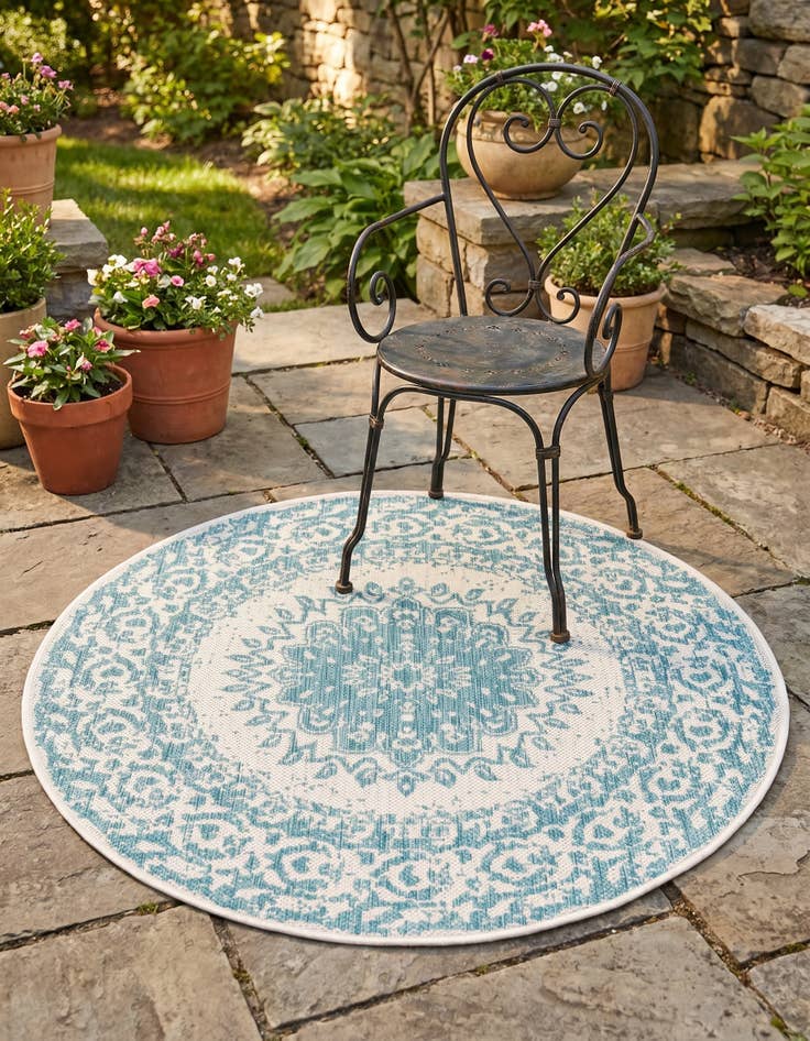 Detail image of 3' x 3' Easy-Clean Traditional Indoor / Outdoor Round Rug