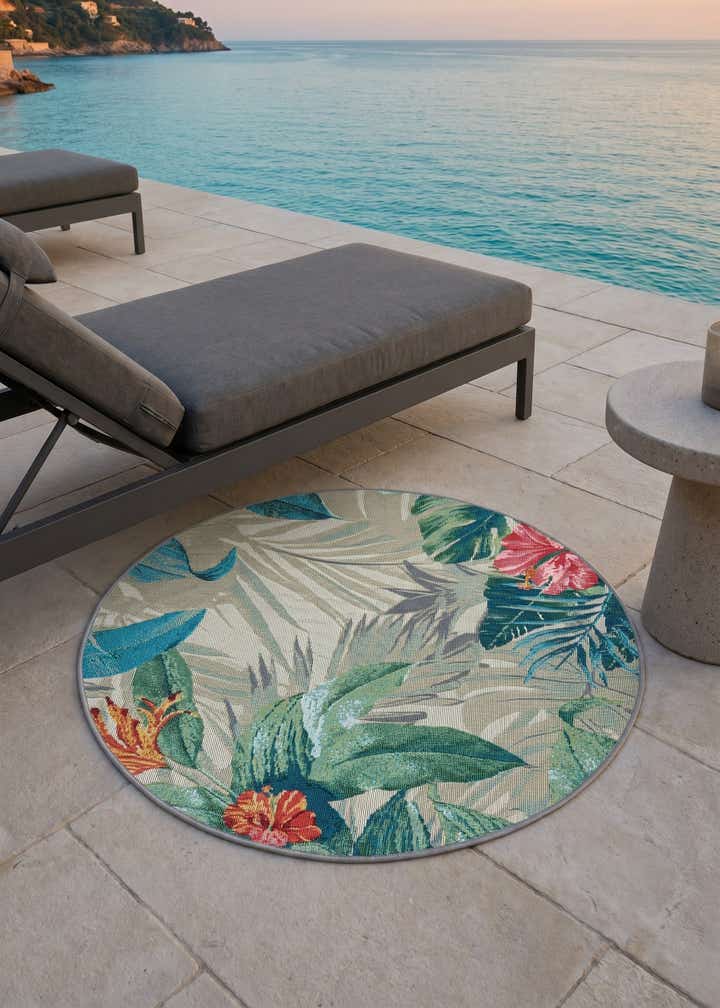 3' x 3' Easy-Clean Botanical Indoor / Outdoor Round Rug