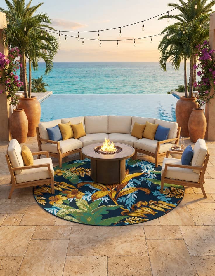 Detail image of 7' 10 x 7' 10 Easy-Clean Botanical Indoor / Outdoor Round Rug