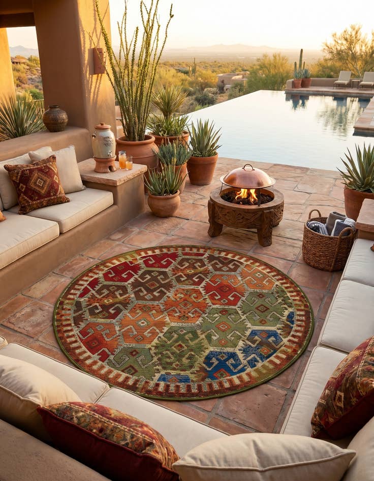 Detail image of 4' x 4' Easy-Clean Southwestern Indoor / Outdoor Round Rug