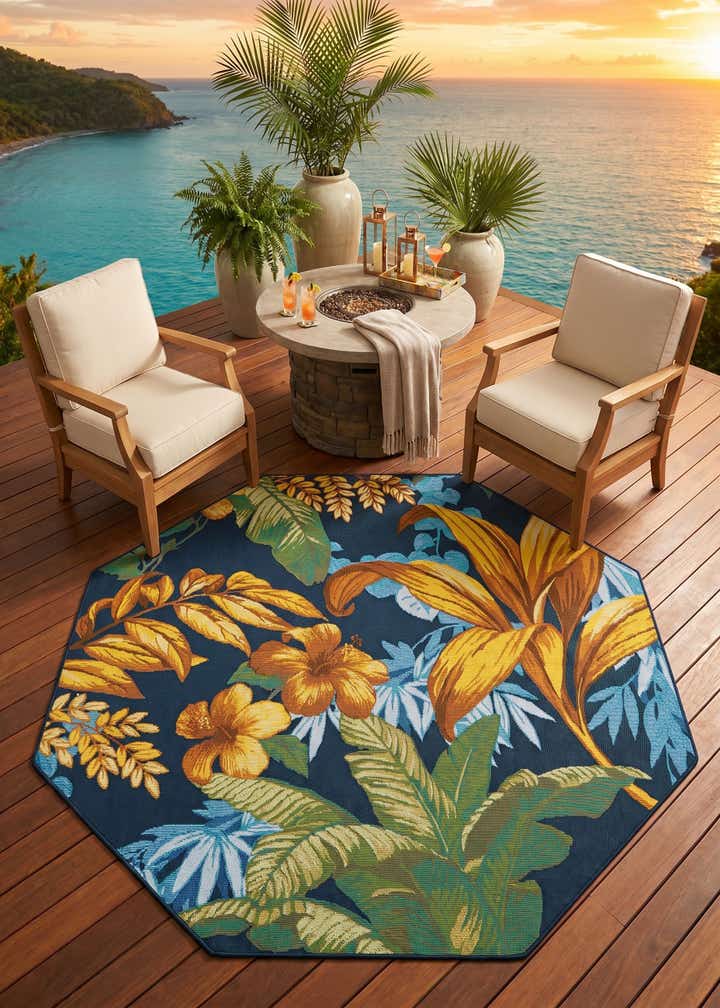 5' 3 x 5' 3 Easy-Clean Botanical Indoor / Outdoor Octagon Rug