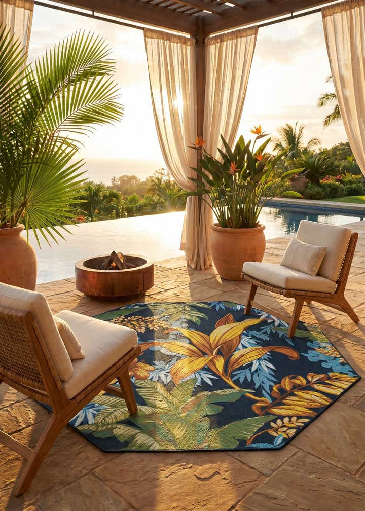 7' x 7' Easy-Clean Botanical Indoor / Outdoor Octagon Rug