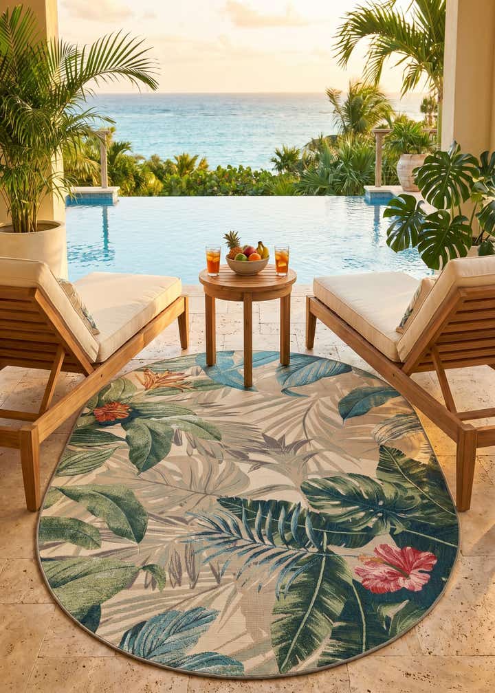5' 3 x 8' Easy-Clean Botanical Indoor / Outdoor Oval Rug
