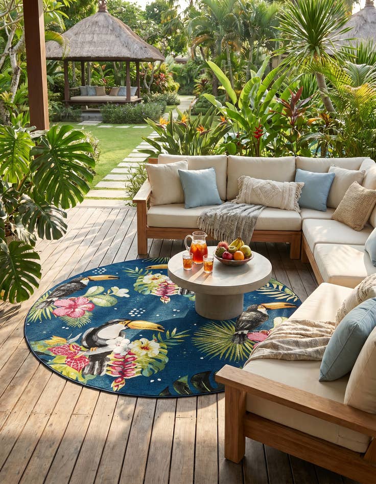 Detail image of 7' 10 x 7' 10 Easy-Clean Botanical Indoor / Outdoor Round Rug