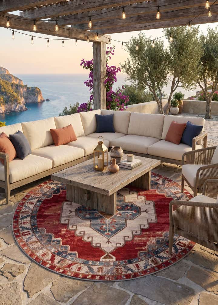 7' 10 x 7' 10 Easy-Clean Traditional Indoor / Outdoor Round Rug