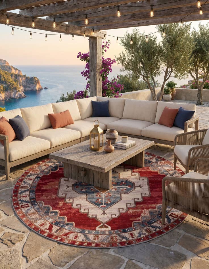 Detail image of 7' 10 x 7' 10 Easy-Clean Traditional Indoor / Outdoor Round Rug