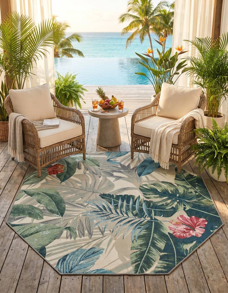 Detail image of 5' 3 x 5' 3 Easy-Clean Botanical Indoor / Outdoor Octagon Rug