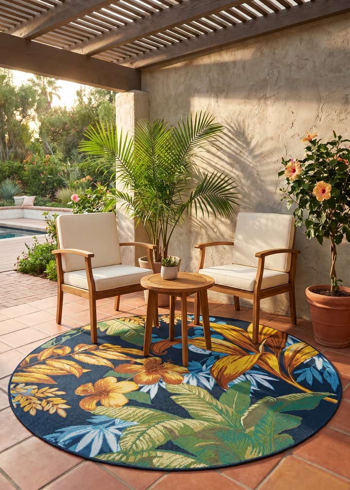 5' x 5' Easy-Clean Botanical Indoor / Outdoor Round Rug