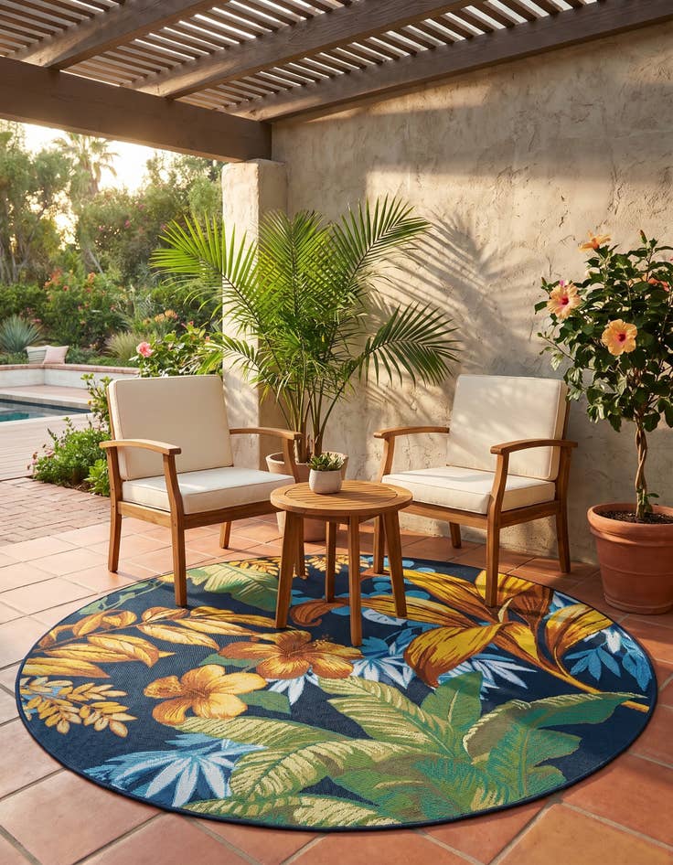 Detail image of 5' x 5' Easy-Clean Botanical Indoor / Outdoor Round Rug
