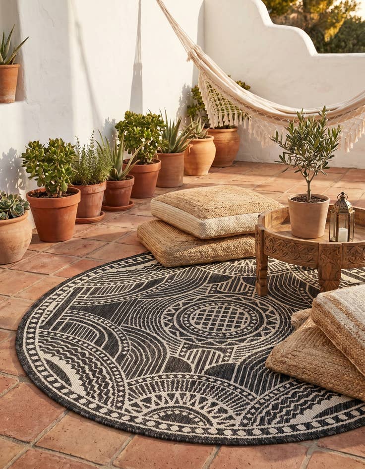 Detail image of 4' 1 x 4' 1 Easy-Clean Traditional Indoor / Outdoor Round Rug
