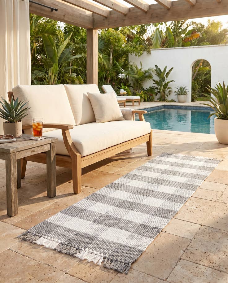 Detail image of 2' x 6' Easy-Clean Eco Plaid Washable Indoor / Outdoor Runner Rug