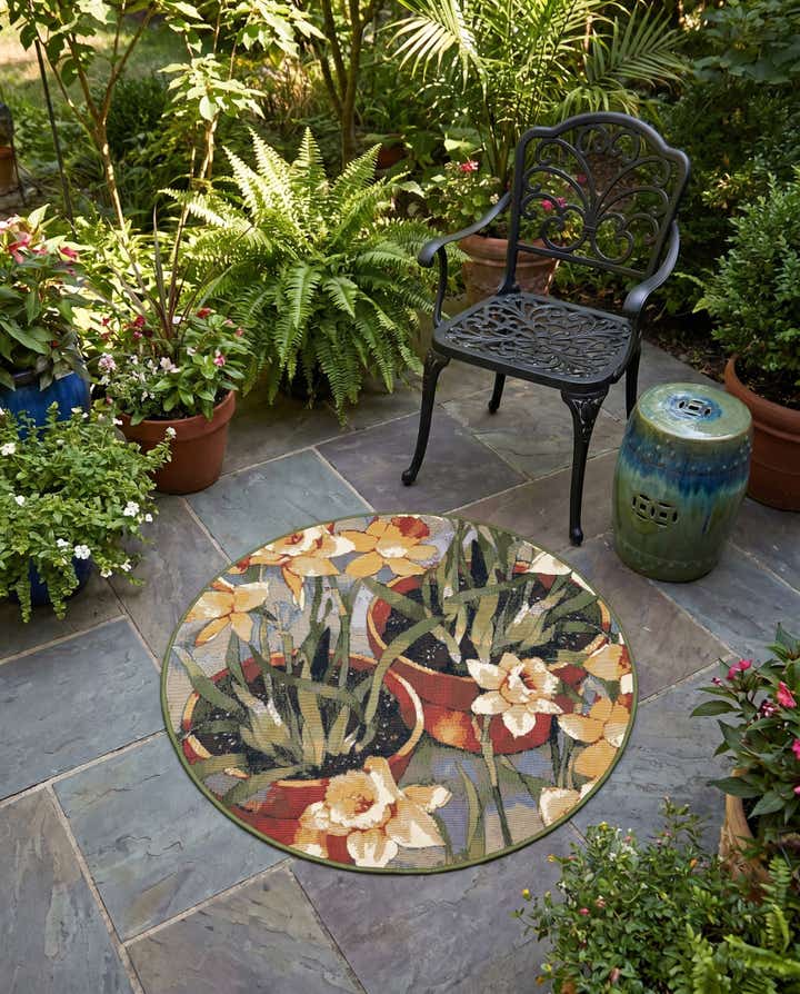 3' x 3' Easy-Clean Botanical Indoor / Outdoor Round Rug