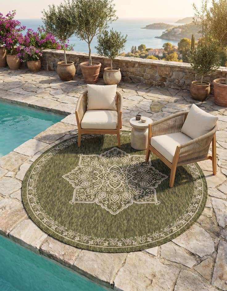 Detail image of 6' x 6' Easy-Clean Traditional Indoor / Outdoor Round Rug