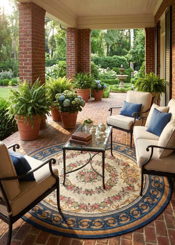 7' 10 x 7' 10 Easy-Clean Traditional Indoor / Outdoor Round Rug