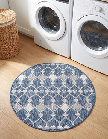 Blue Easy-Clean Lattice Indoor / Outdoor Round Rug