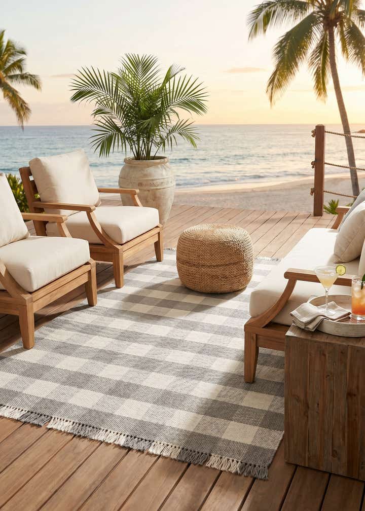 7' 10 x 7' 10 Easy-Clean Eco Plaid Washable Indoor / Outdoor Square Rug