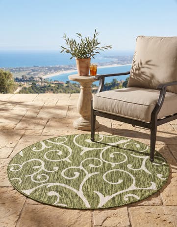 Green Easy-Clean Botanical Indoor / Outdoor Round Rug