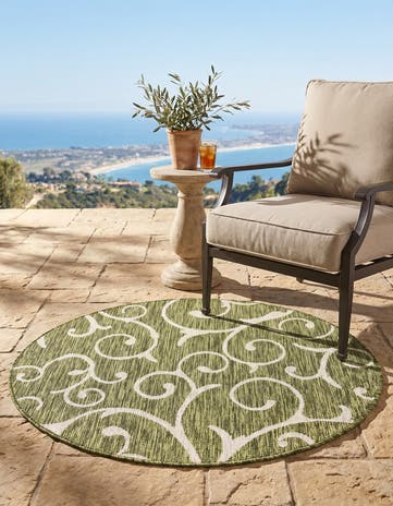 Green Easy-Clean Botanical Indoor / Outdoor Round Rug
