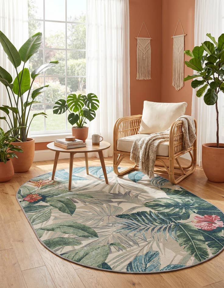 Detail image of 4' x 6' Easy-Clean Botanical Indoor / Outdoor Oval Rug