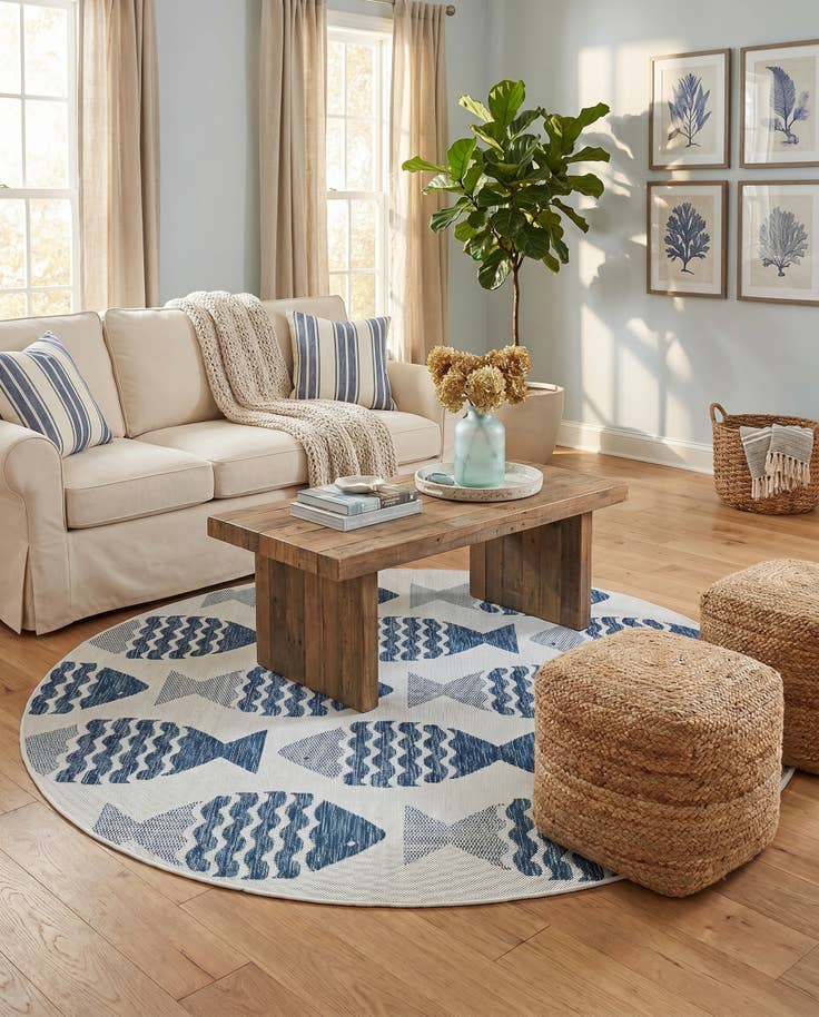 Detail image of 6' x 6' Easy-Clean Coastal Indoor / Outdoor Round Rug