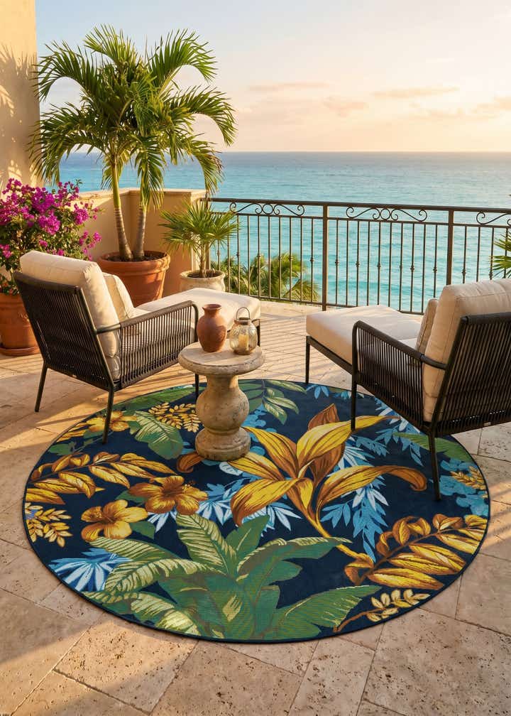 7' x 7' Easy-Clean Botanical Indoor / Outdoor Round Rug