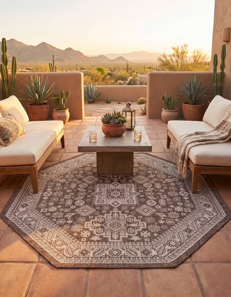Detail image of 7' 10 x 7' 10 Easy-Clean Aztec Indoor / Outdoor Octagon Rug